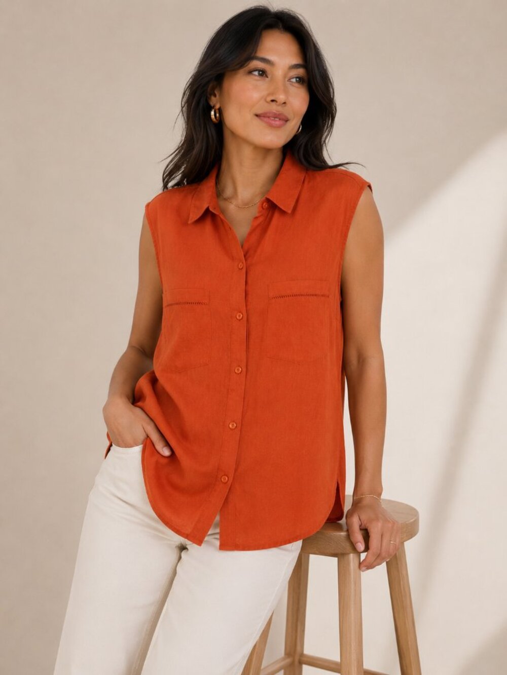 Long Tall Sally Sleeveless  Burnt Orange Linen Blouse -14
